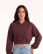 Cropped full-zip hooded sweatshirt in burgundy cotton fleece with ribbed hem