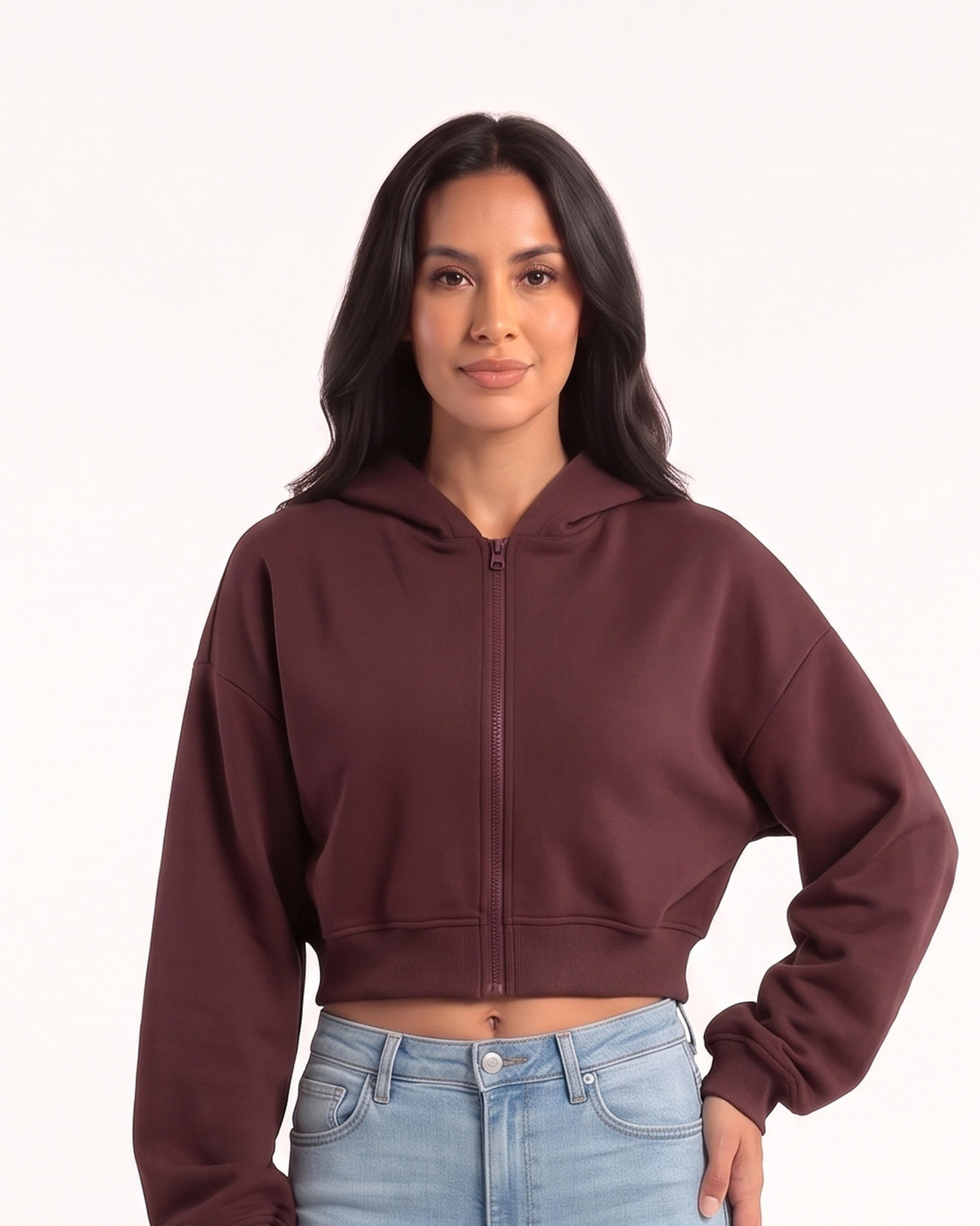 Cropped full-zip hooded sweatshirt in burgundy cotton fleece with ribbed hem