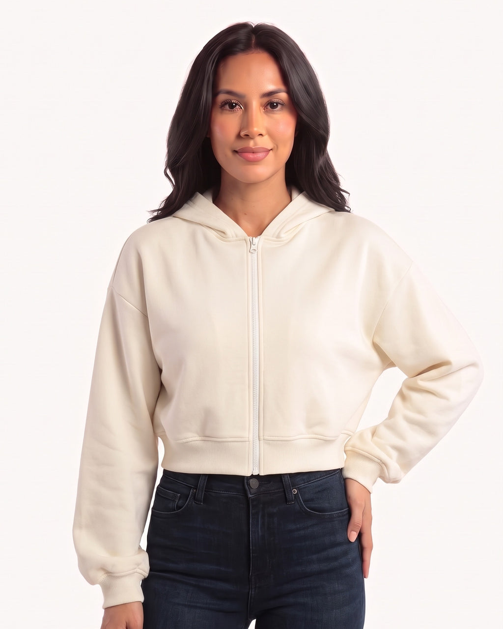 Cropped full-zip hooded sweatshirt in off-white cotton fleece with ribbed hem