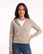 Women’s taupe cropped full-zip hoodie with hood, front pockets, and long sleeves
