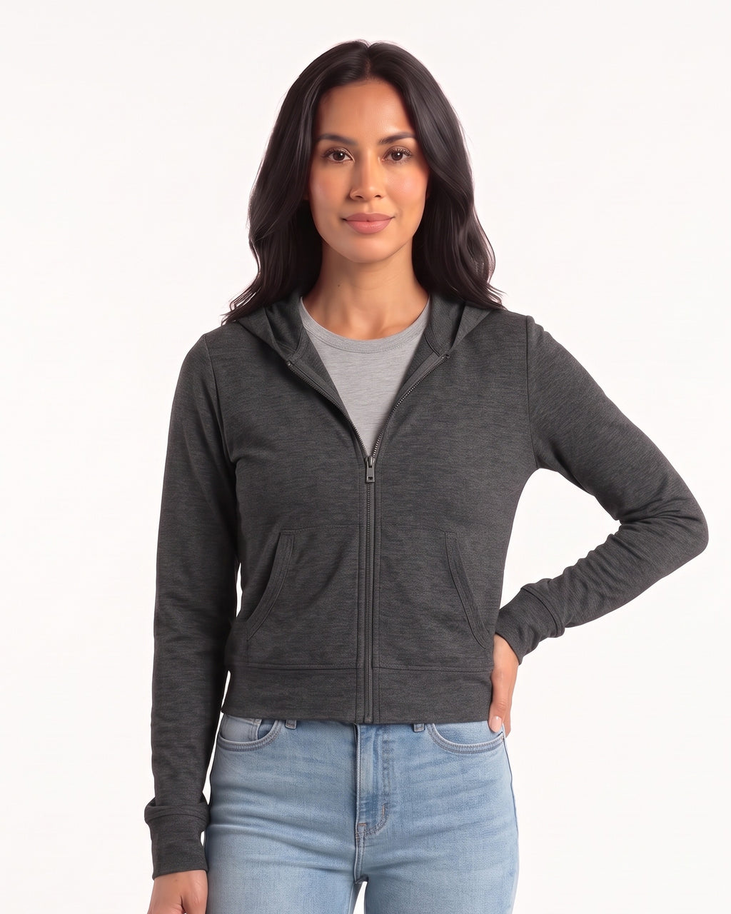 Women’s dark gray cropped full-zip hoodie with hood, front pockets, and long sleeves