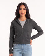 Women’s dark gray cropped full-zip hoodie with hood, front pockets, and long sleeves