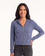 Women’s blue cropped full-zip hoodie with hood, front pockets, and long sleeves