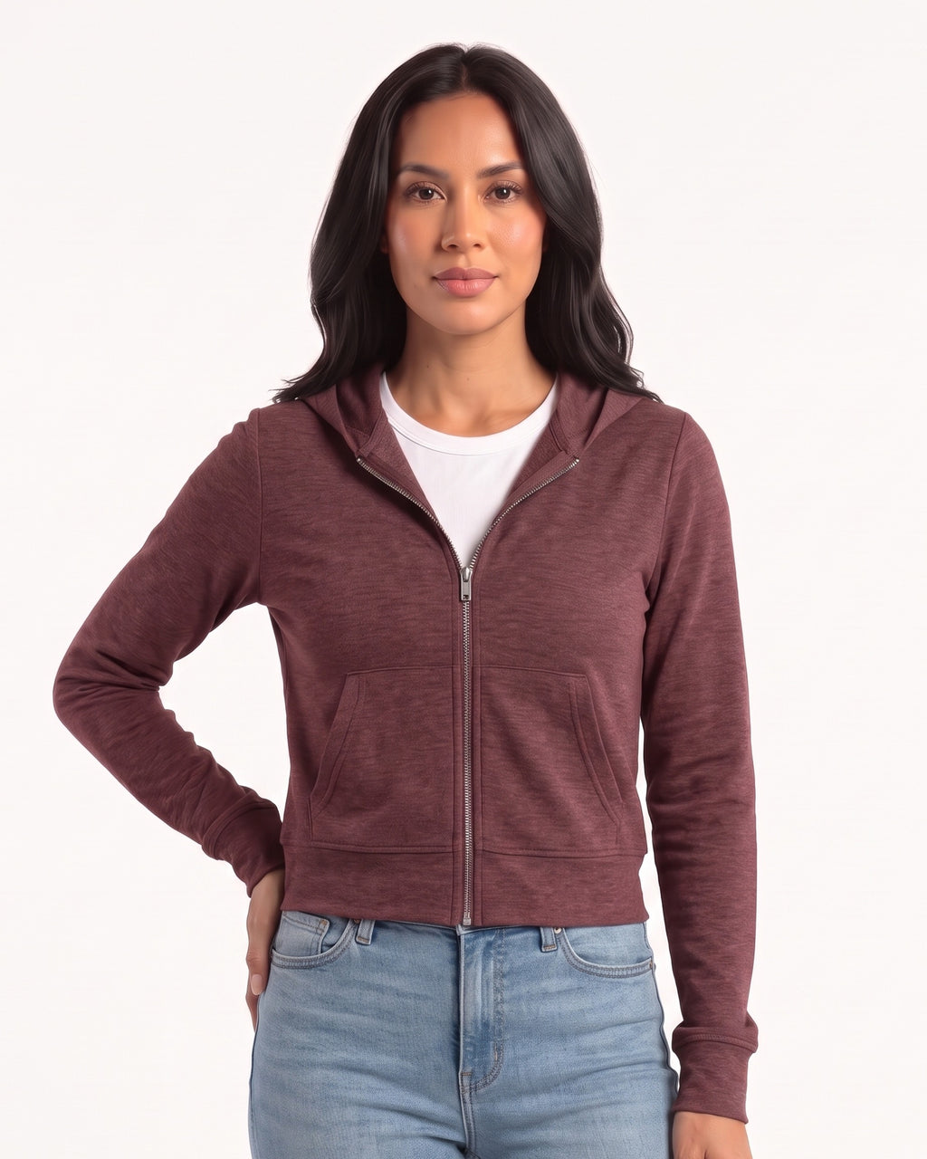 Women’s burgundy cropped full-zip hoodie with hood, front pockets, and long sleeves