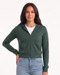Women’s dark green cropped full-zip hoodie with hood, front pockets, and long sleeves