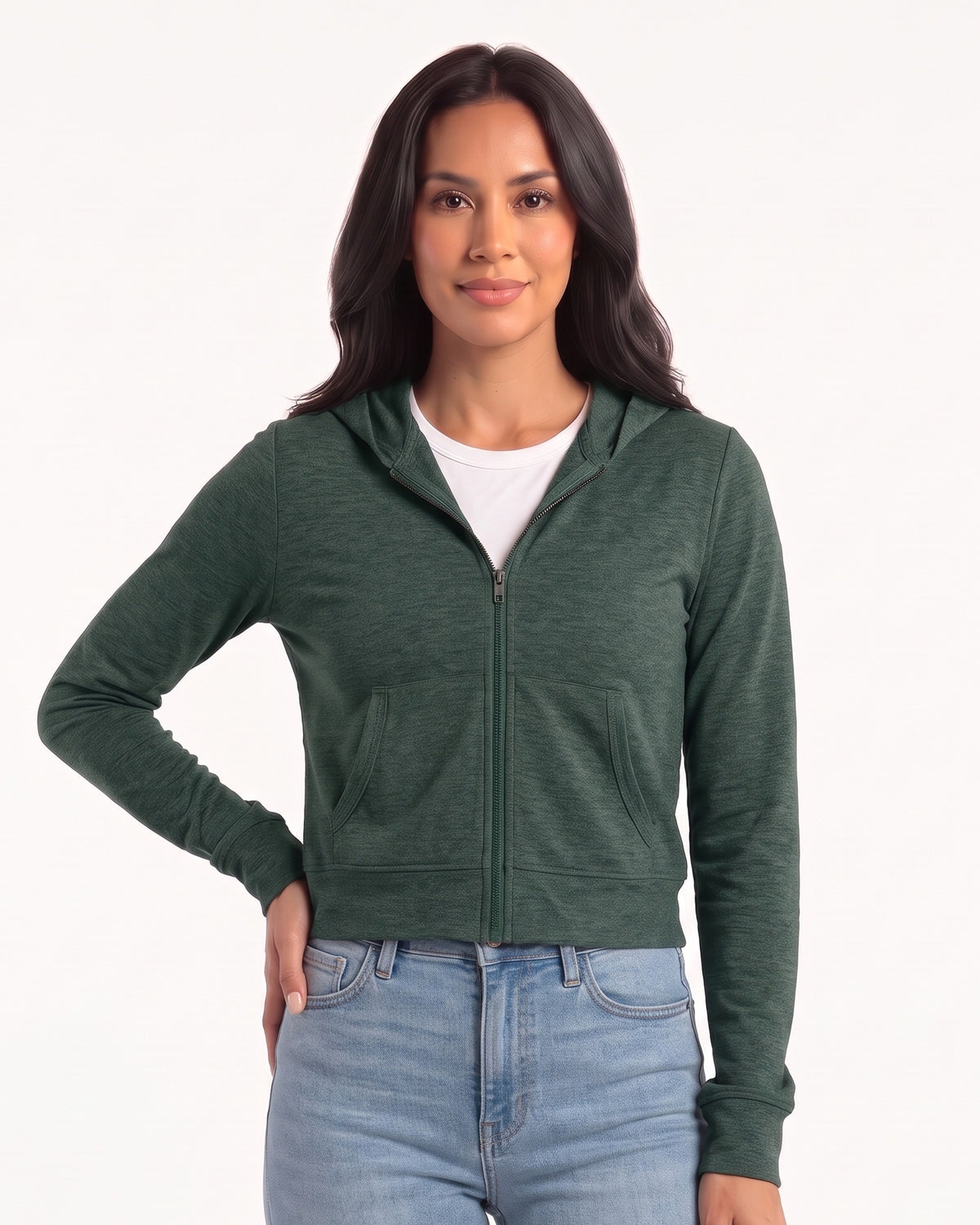 Women’s dark green cropped full-zip hoodie with hood, front pockets, and long sleeves