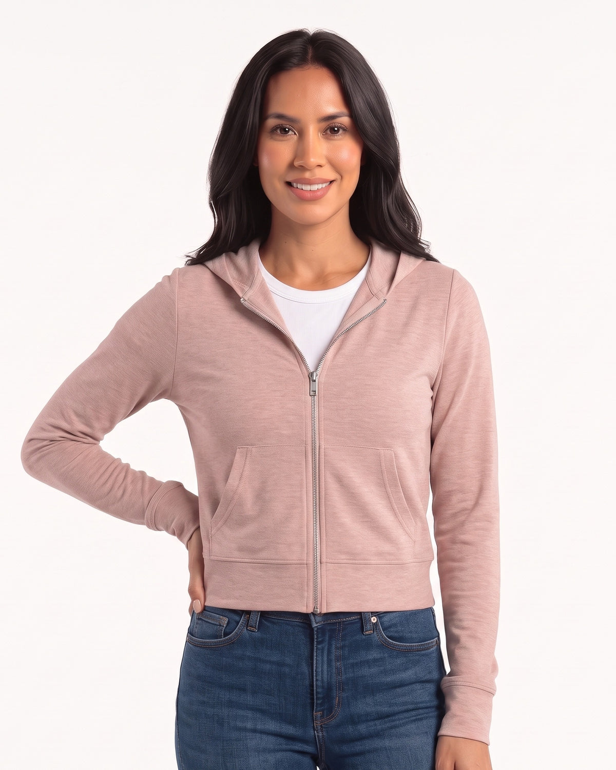 Women’s light beige cropped full-zip hoodie with hood, front pockets, and long sleeves