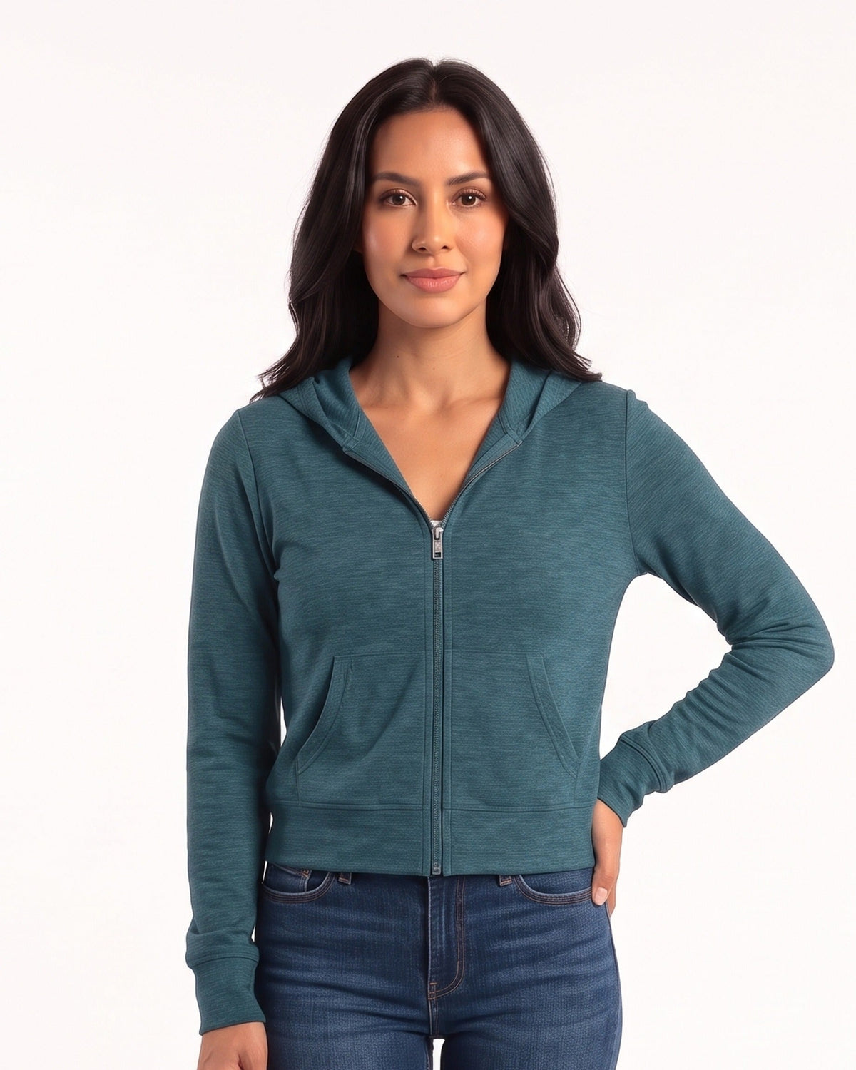 Women’s teal cropped full-zip hoodie with hood, front pockets, and long sleeves