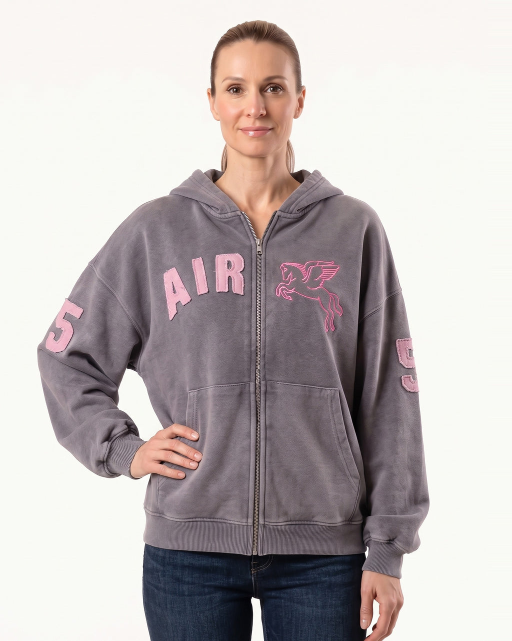 Gray cropped zip-up hoodie with pink AIR graphic and bird patch