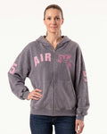 Gray cropped zip-up hoodie with pink AIR graphic and bird patch