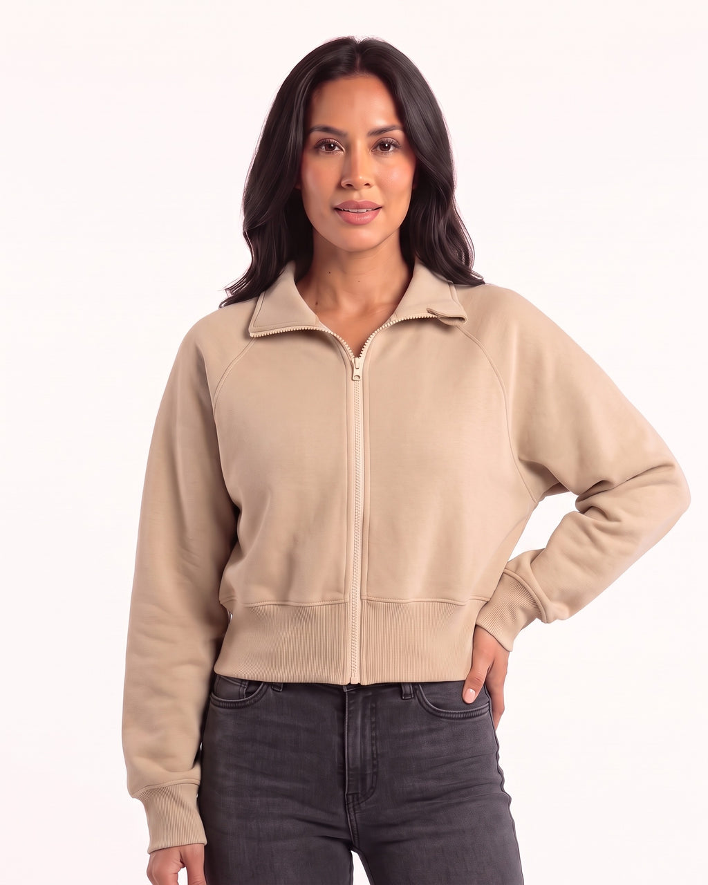 Beige women’s cropped zip-up sweatshirt with stand collar and long batwing sleeves