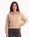 Beige women’s cropped zip-up sweatshirt with stand collar and long batwing sleeves