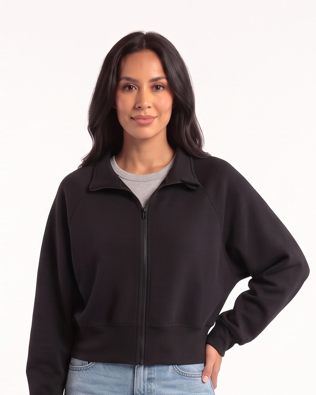 Black women’s cropped zip-up sweatshirt with stand collar and long batwing sleeves