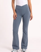 Gray blue high-waisted V-crossover flare yoga leggings with bootcut fit