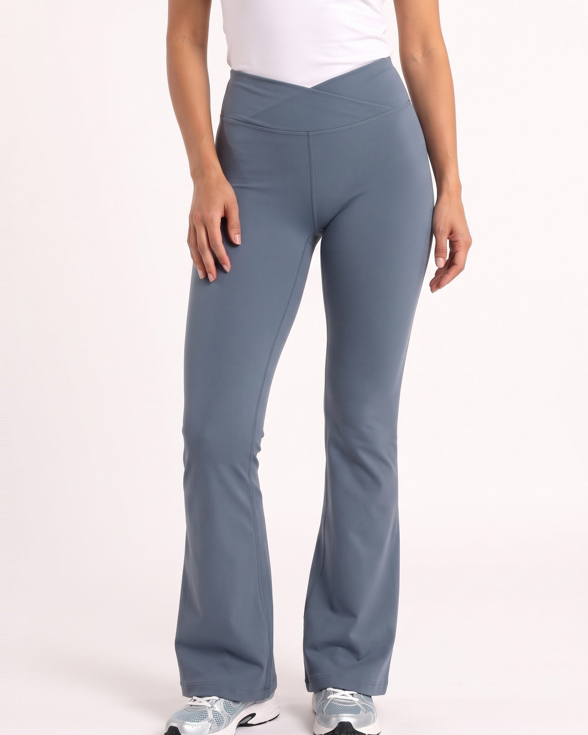 Gray blue high-waisted V-crossover flare yoga leggings with bootcut fit