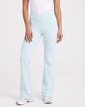 Light blue high-waisted V-crossover flare yoga leggings with bootcut fit