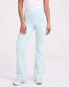 Light blue high-waisted V-crossover flare yoga leggings with bootcut fit