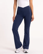 Navy high-waisted V-crossover flare yoga leggings with bootcut fit