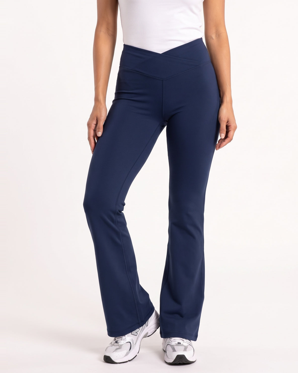 Navy high-waisted V-crossover flare yoga leggings with bootcut fit