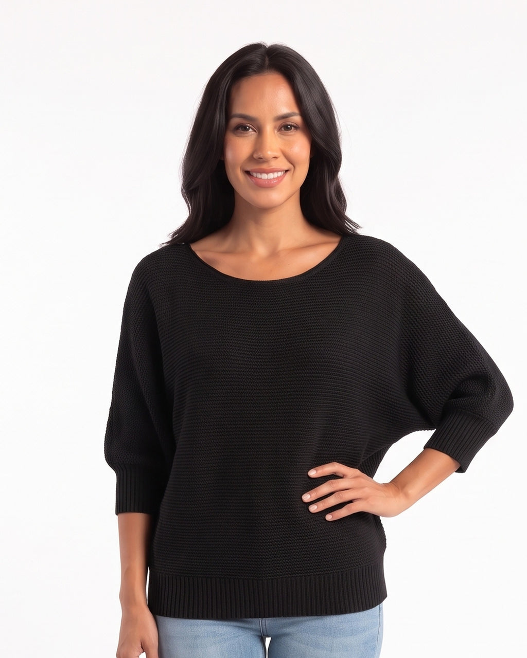 Women’s black dolman sleeve knit sweater with scoop neck and ribbed hem