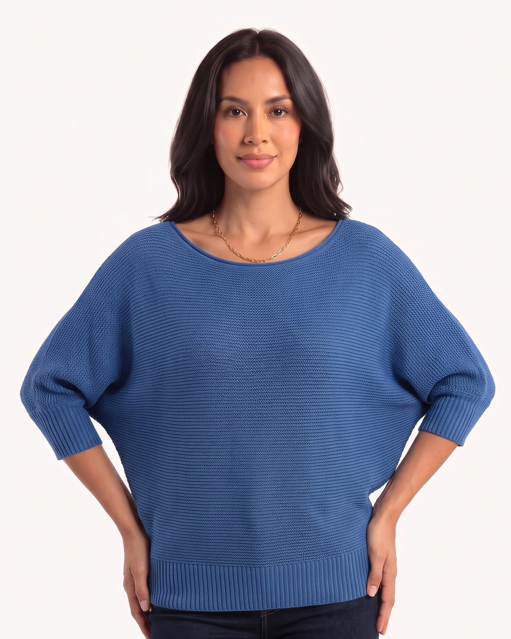 Women’s blue dolman sleeve knit sweater with scoop neck and ribbed hem