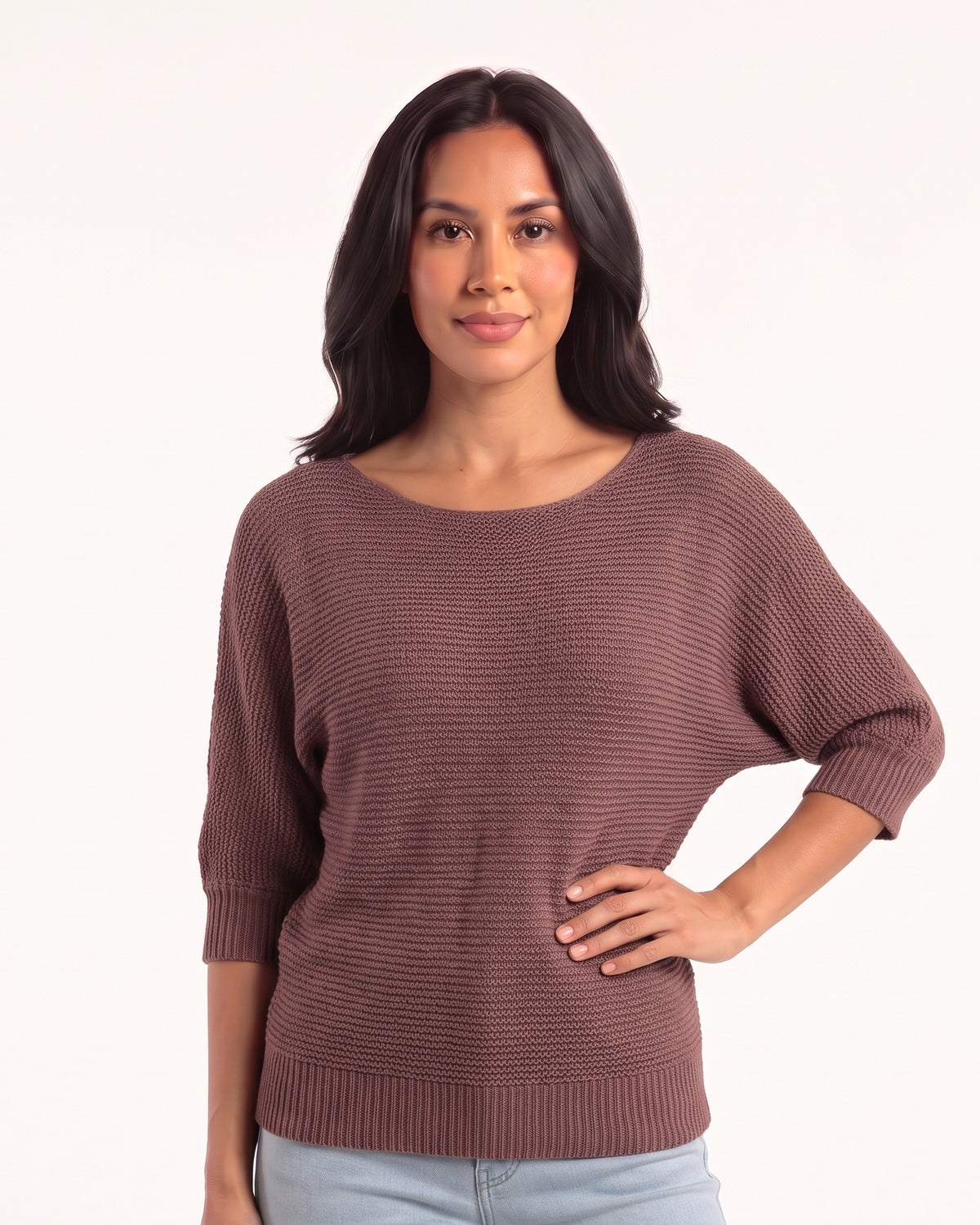 Women’s dark brown dolman sleeve knit sweater with scoop neck and ribbed hem