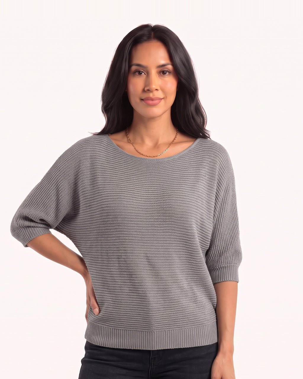 Women’s gray dolman sleeve knit sweater with scoop neck and ribbed hem
