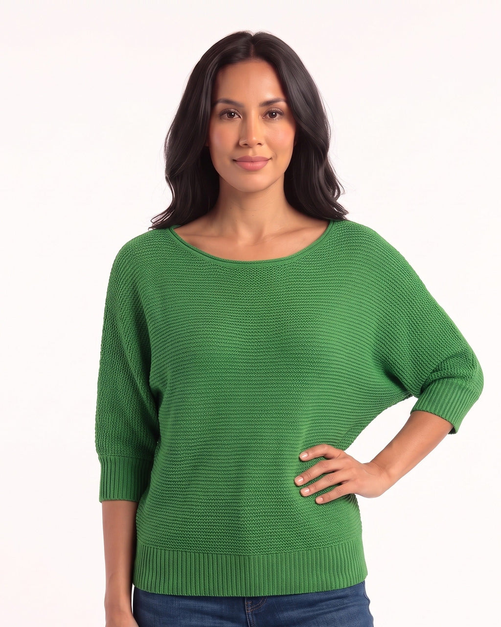 Women’s green dolman sleeve knit sweater with scoop neck and ribbed hem