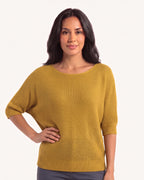 Women’s mustard yellow dolman sleeve knit sweater with scoop neck and ribbed hem
