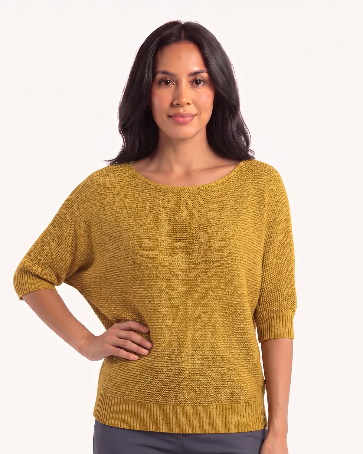 Women’s mustard yellow dolman sleeve knit sweater with scoop neck and ribbed hem