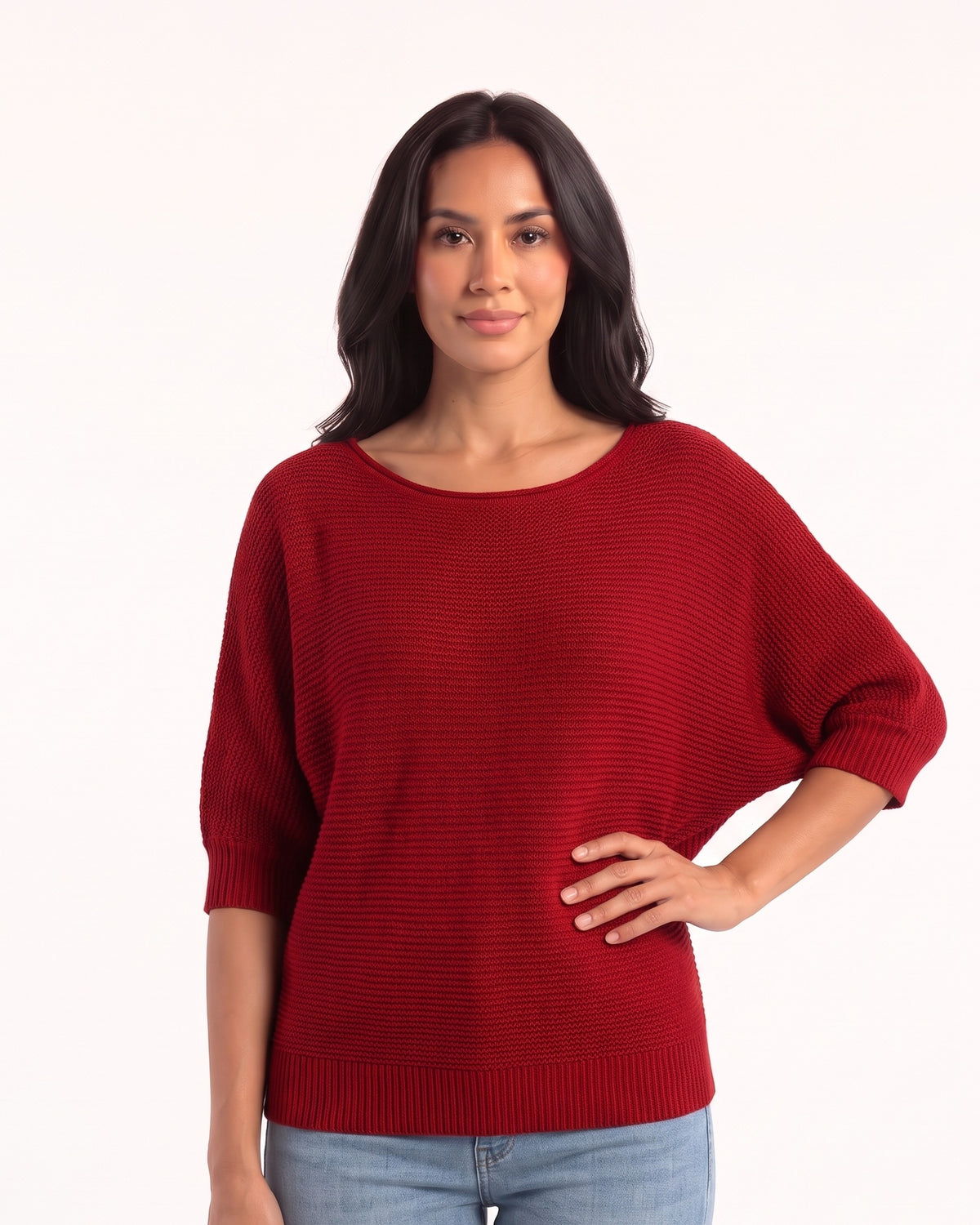 Women’s red dolman sleeve knit sweater with scoop neck and ribbed hem