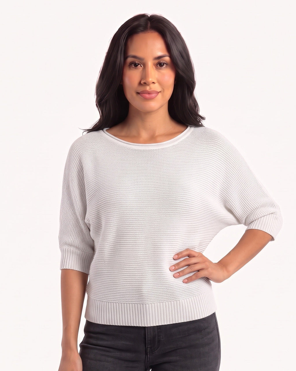 Women’s white dolman sleeve knit sweater with scoop neck and ribbed hem