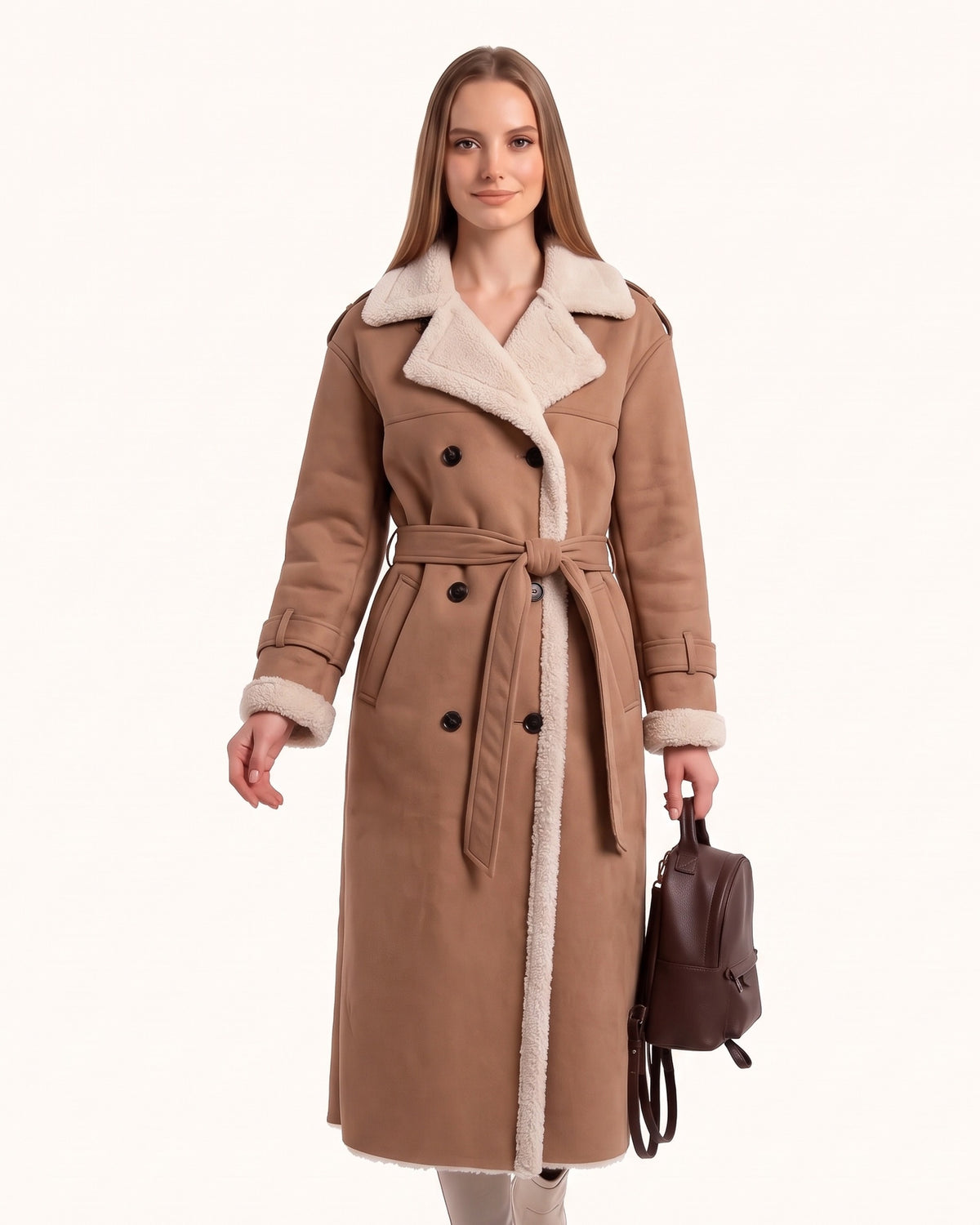 Women’s double-breasted faux shearling coat in brown, wide lapels, self-tie belt, long