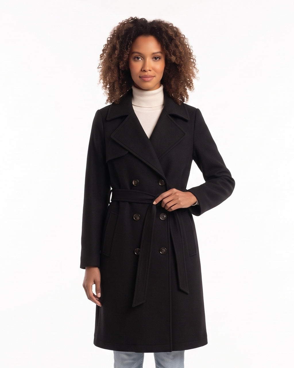 Black double-breasted wool-blend coat with belt, notch lapels, knee length.