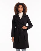 Black double-breasted wool-blend coat with belt, notch lapels, knee length.
