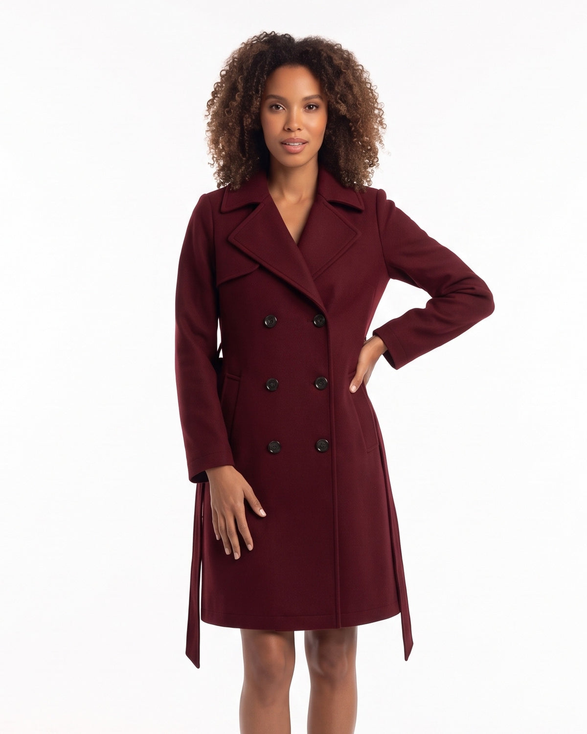 Burgundy double-breasted wool-blend coat, belted knee length, storm flap