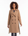 Camel double-breasted wool-blend coat, belted knee length, storm flap