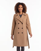 Camel double-breasted wool-blend coat, belted knee length, storm flap