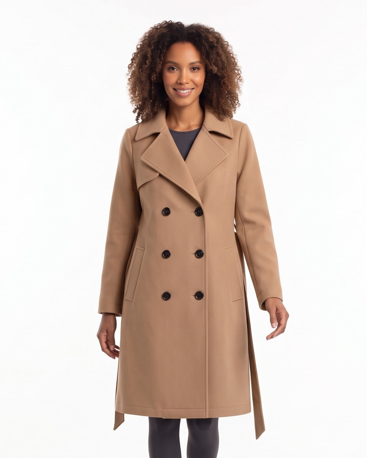 Camel double-breasted wool-blend coat, belted knee length, storm flap