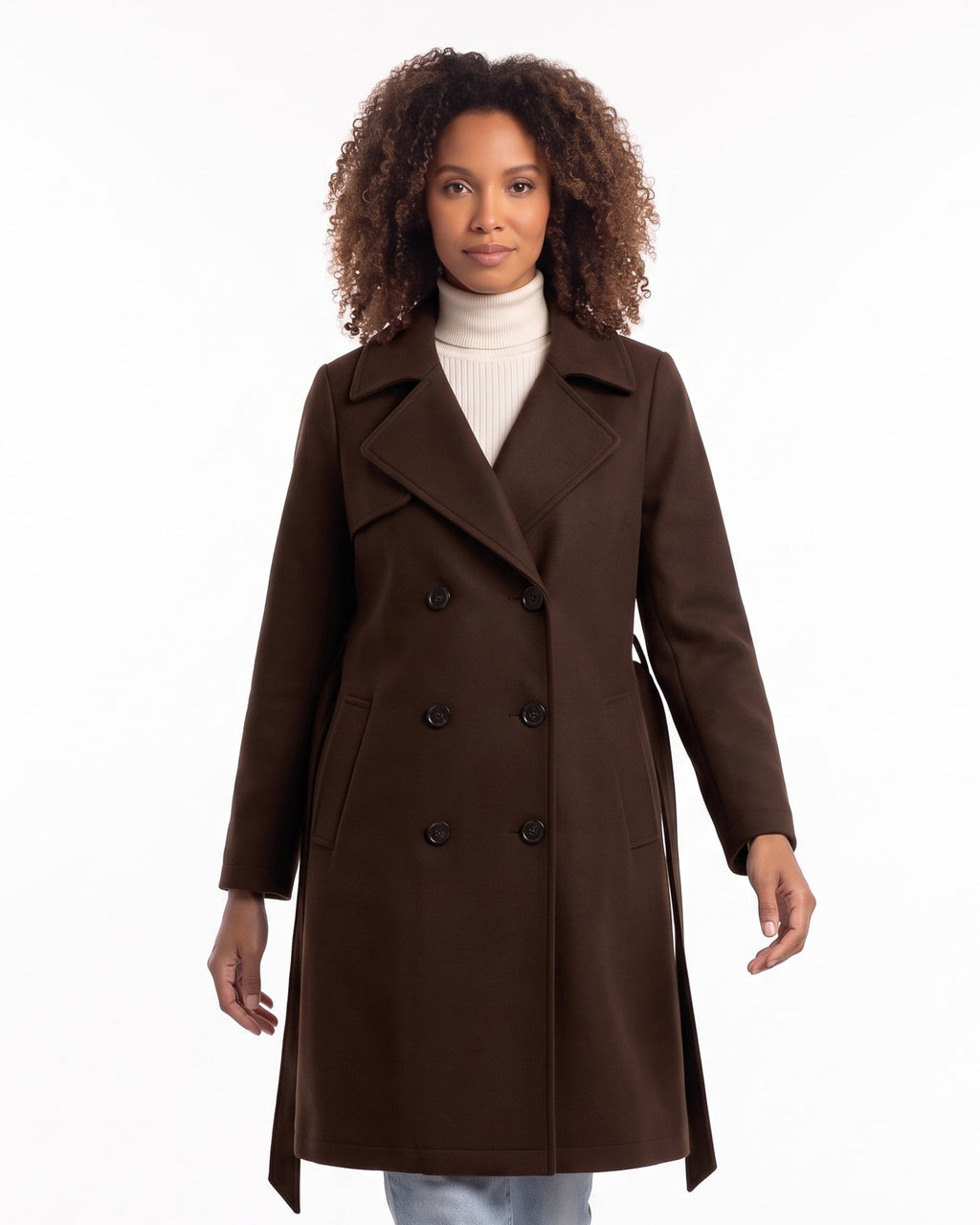 Dark brown double-breasted wool-blend coat with belt, wide lapels, knee length.