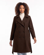 Dark brown double-breasted wool-blend coat with belt, wide lapels, knee length.
