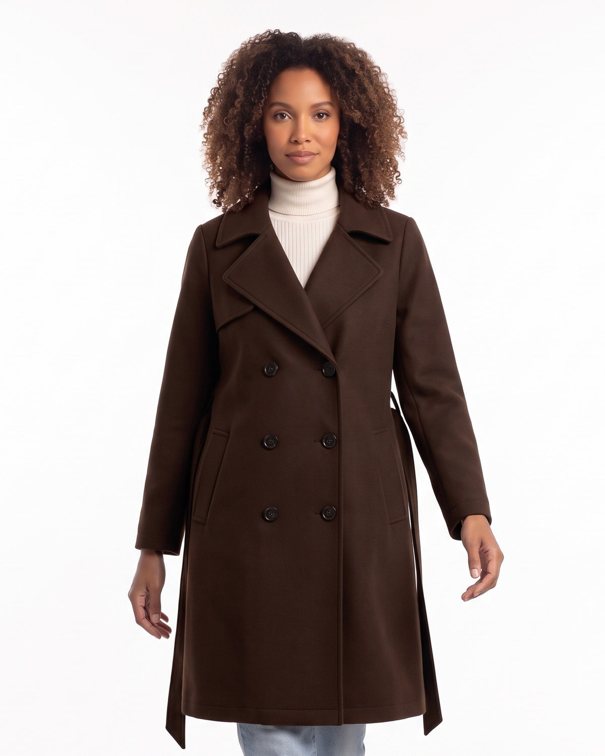 Dark brown double-breasted wool-blend coat with belt, wide lapels, knee length.