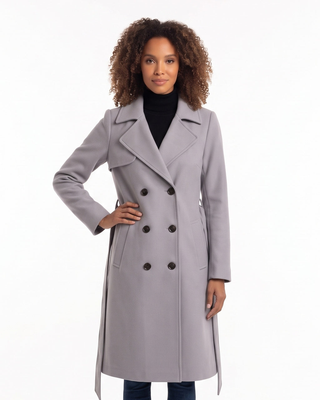 Light gray double-breasted wool-blend coat with belt, lapels, knee length.
