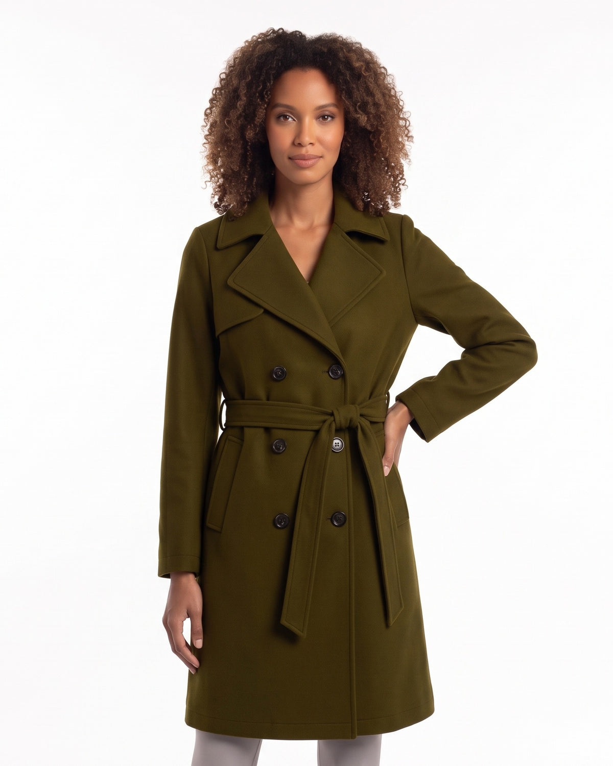 Olive green double-breasted wool-blend coat with belt, knee length, storm flap