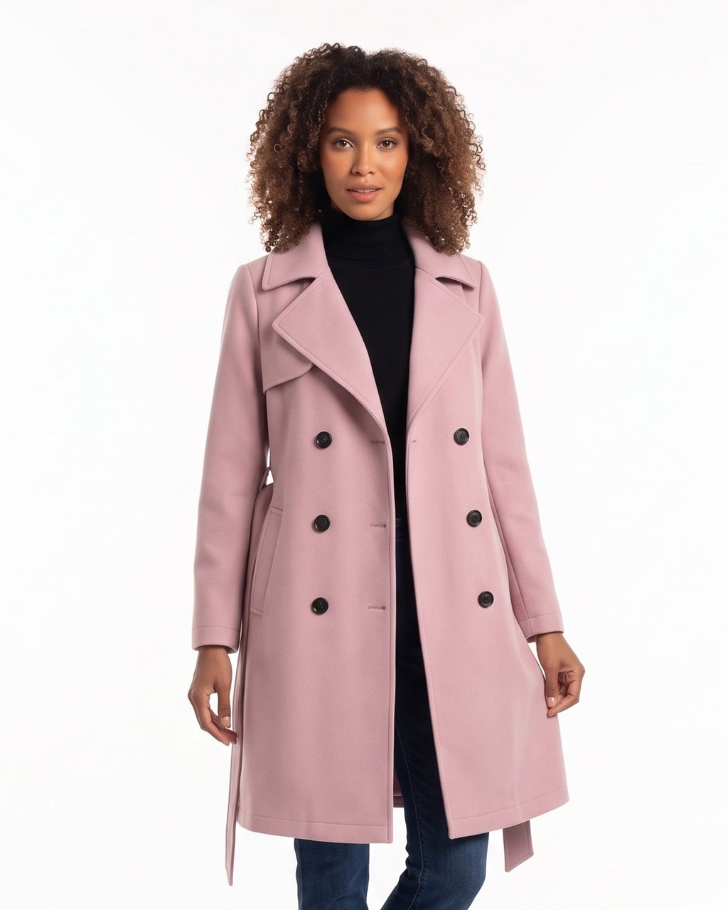 Blush pink double-breasted wool-blend coat with belt, lapels, knee length.