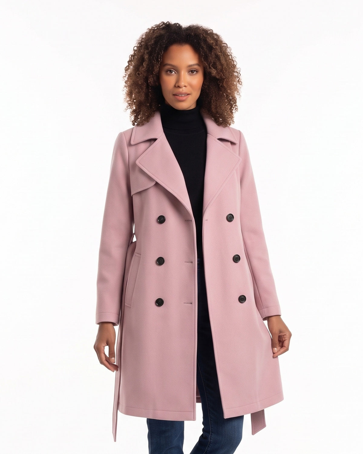 Blush pink double-breasted wool-blend coat with belt, lapels, knee length.