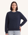 Women’s navy crewneck sweatshirt with embossed geometric logo and raglan sleeve seams