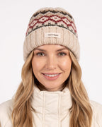 Women’s knit beanie with Fair Isle pattern and ribbed cuff, beige with red and brown knit motifs