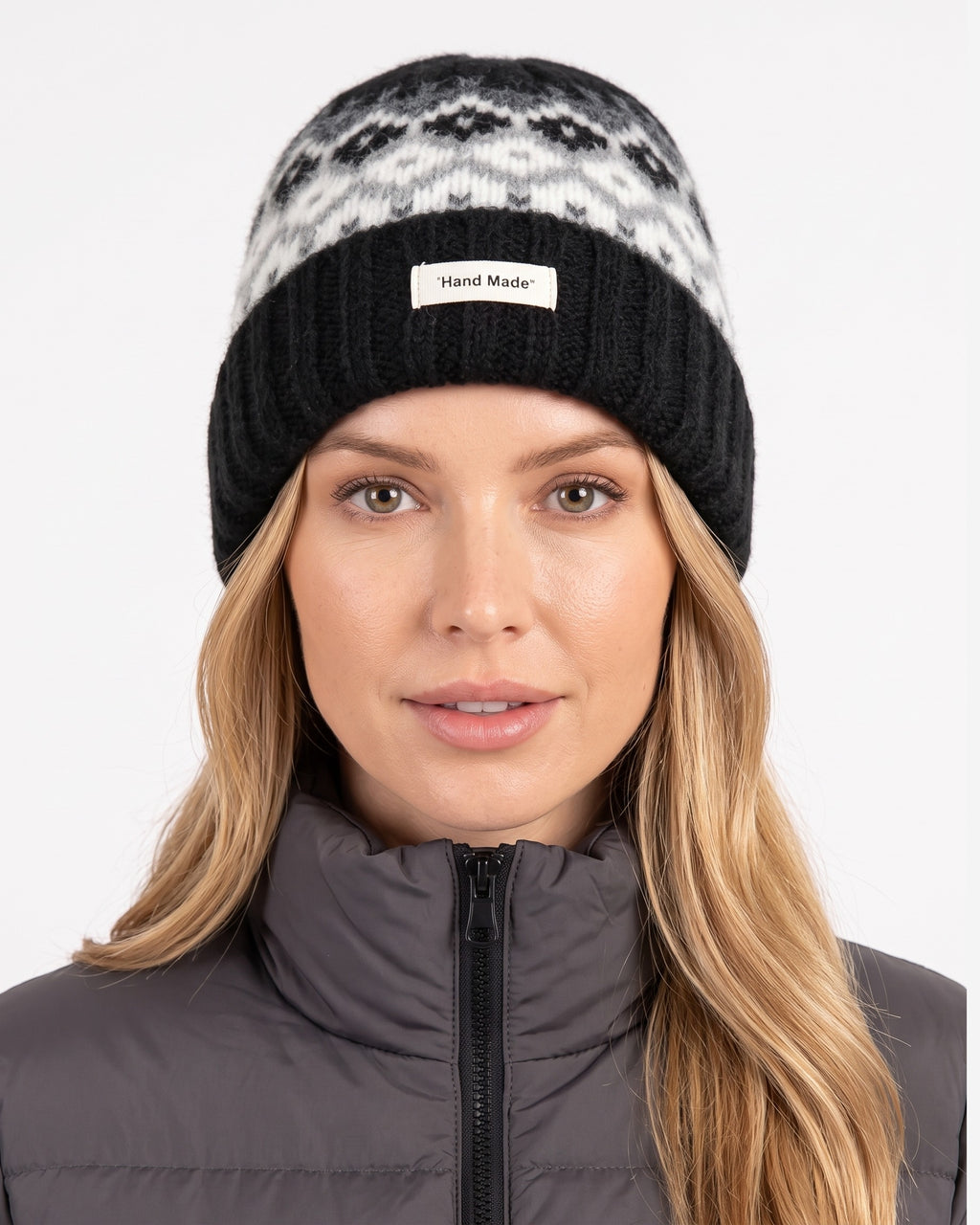 Women’s knit beanie with Fair Isle pattern and ribbed cuff, black with gray and white knit pattern