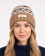 Women’s knit beanie with Fair Isle pattern and ribbed cuff, tan with white and dark brown motifs